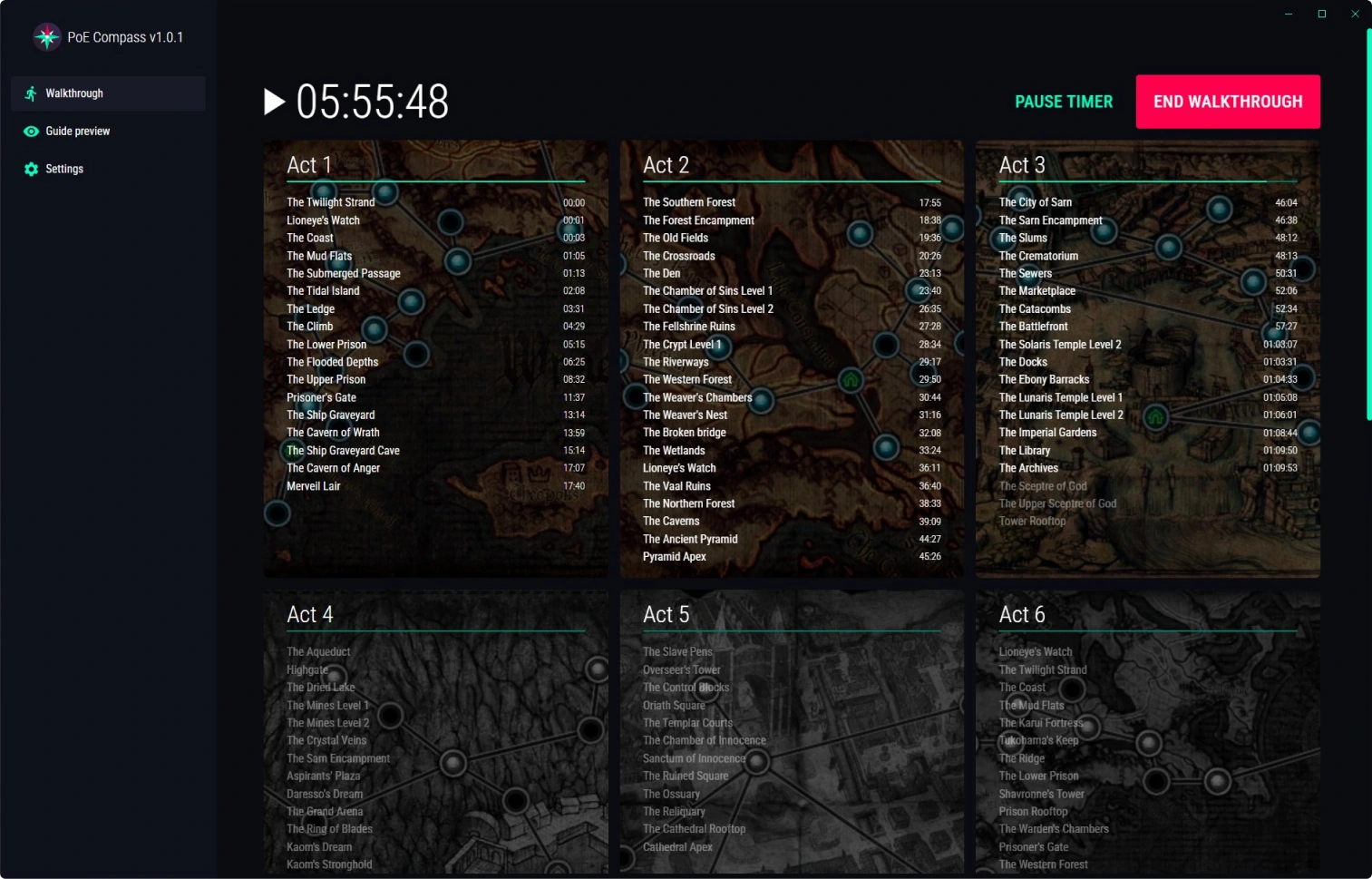 PoE Compass time tracking window feature for leveling guide app for Path of Exile 2